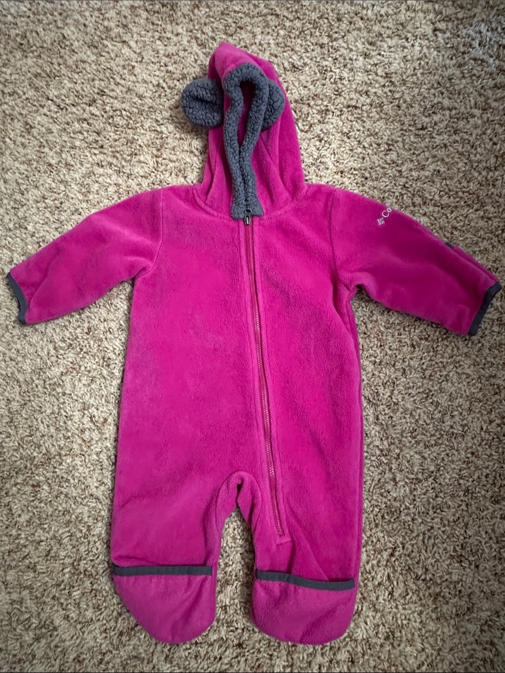 Columbia Cozy Fuchsia Hooded Baby One-Piece with Ear Detail Size 3-6 mos